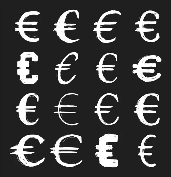 Euro Moeda Vetor Mão Desenhado Símbolo Definido Fundo Preto — Vetor de Stock