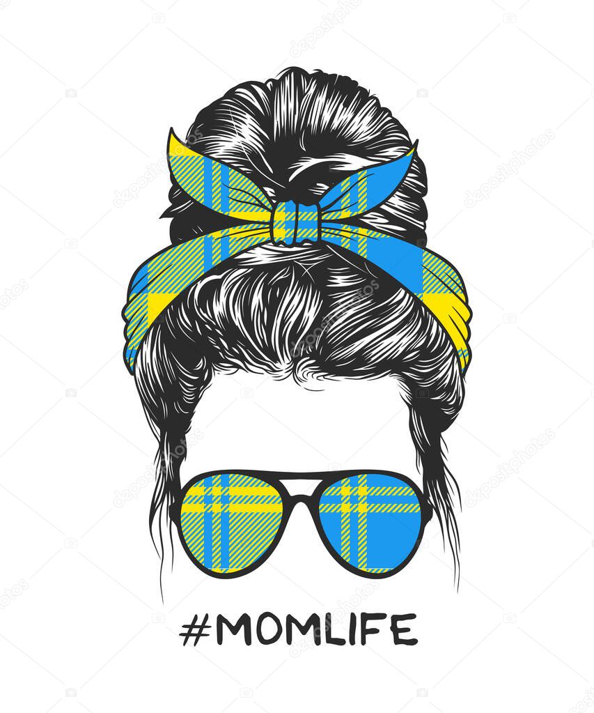 Woman messy bun hairstyle with stylish square pattern headband and glasses illustration