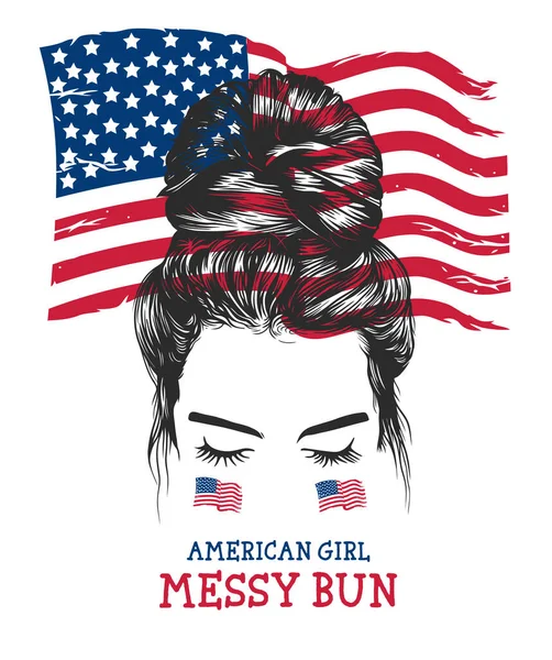 Women Messy Bun Hairstyles American Flag Background Vector Clip Art — Stock Vector