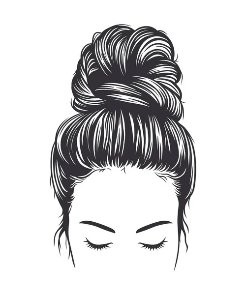 Black White Vector Illustration Woman Messy Bun Hairstyle Isolated White — Stock Vector