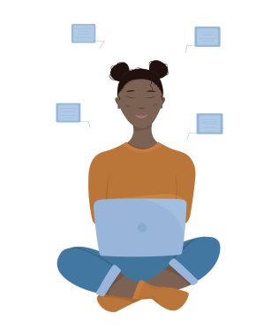 Evden çalışıyorum. Kadın dizüstü bilgisayarda oturuyor, çalışıyor. Evden ders çalışmak. uzak çalışma