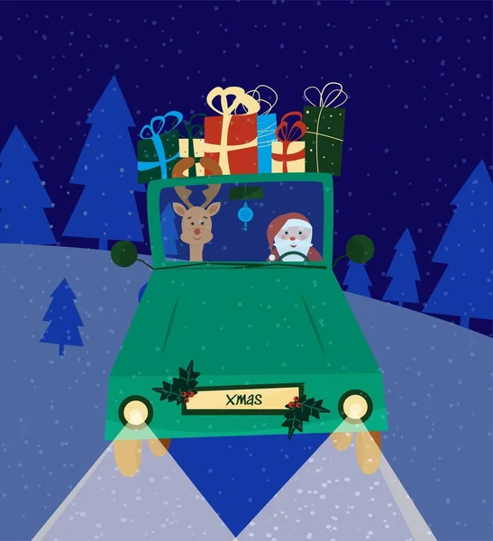 Noel zamanı. Noel Baba ve ren geyikleri hediye getirir. Yeşil araba. Modern Yeni Yıl