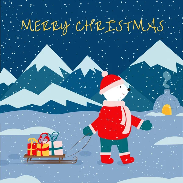 Beyaz ayı hediyeler taşır. Kuzey Kutbu. Noel illüstrasyonu