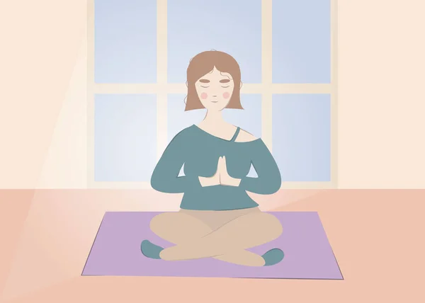 cute girl sitting on the rug and doing yoga. bright room with a large window