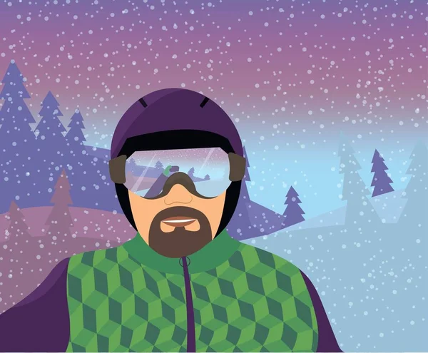 Kış dağlarının arka planında snowboardcu. Sporcu selfie çekiyor.