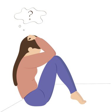 Ruhsal sorunları olan bir kız, endişe, depresyon. Kız yerde oturuyor, soru soruyor.