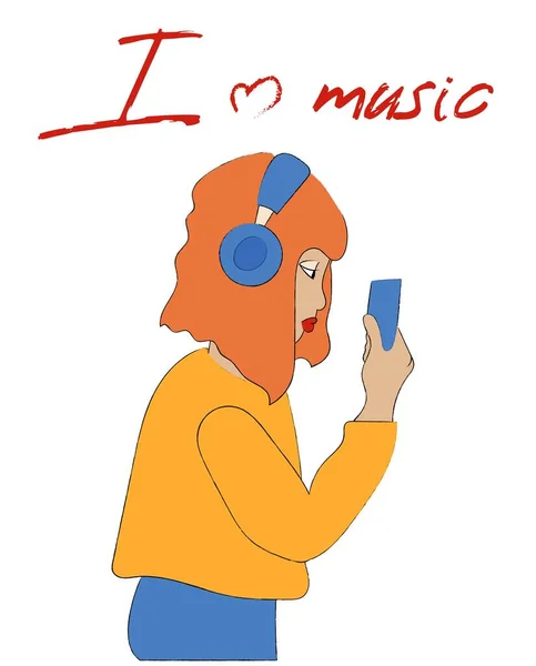Kız müzik dinliyor. Kulaklıklar kafada, cihazlar ellerde. İllüstrasyon baskı, kartpostal ve poster olarak çok uygun.