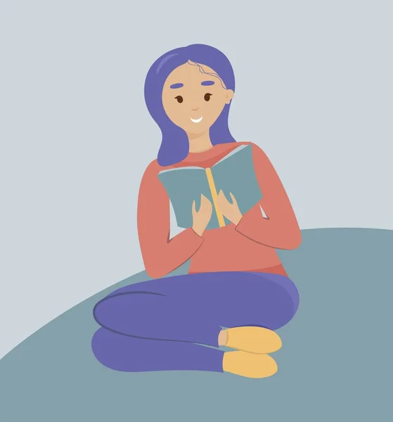 Kız oturur ve kitabı temizler. İllüstrasyon eğitim tasarımları, çevrimiçi öğrenme, serbest çalışma veya diğer tasarımlar için kullanılabilir.