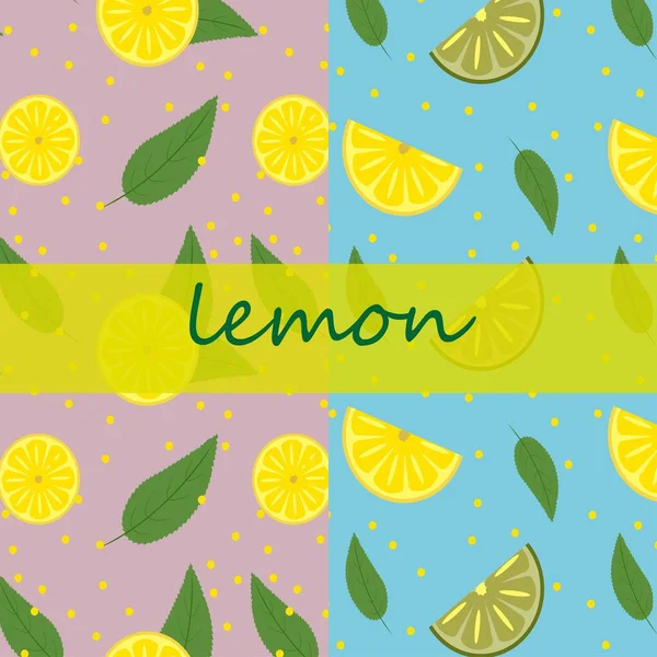  Limon deseni. Yarısı dilimlenmiş, limon yaprağı. örüntüler mavi ve pembe arkaplanda sunulur