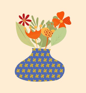 Çiçekler ve yapraklar dekoratif bir vazoda. Desenli soyut çiçekler