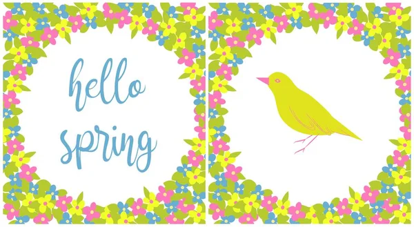 Ilustraciones Primavera Representan Flores Brillantes Pájaro Inscripción Hola Primavera Puede — Vector de stock