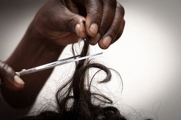 Closeup African Woman Hands Cutting Lock Child Hair Witchcraft Ritual — Stock Photo, Image