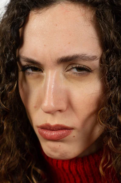 Close Photo Young Woman Voluminous Curly Hairstyle Displeased Expression Front — Stock Photo, Image