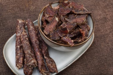 Traditional South African biltong and dry wors. cured meat snack clipart