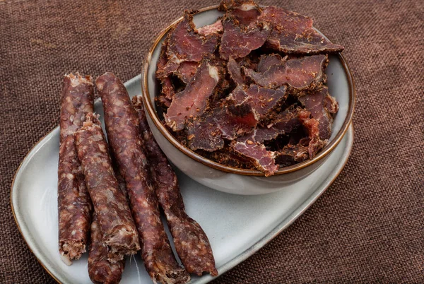 Tradicional Biltong Sudafricano Gusanos Secos Snack Carne Curada — Foto de Stock