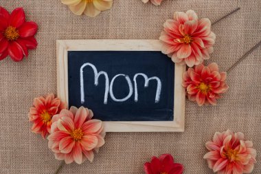 Annem tebeşir tahtasına yazmıştı. Kırsal bir arka planda taze çiçekler vardı.