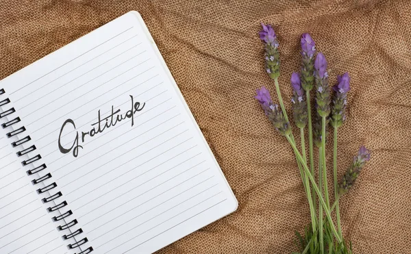 Üzerinde Minnettarlık yazan bir defter. Kırsal bir yüzeye yerleştirilmiş.