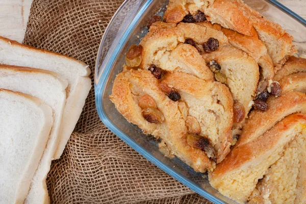 Freshly Baked Classic Bread Butter Pudding Raisins Rustic Surface — Stockfoto