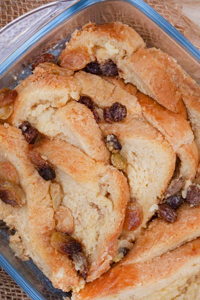 Freshly Baked Classic Bread Butter Pudding Raisins Rustic Surface — Stockfoto