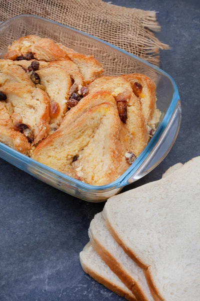 Freshly Baked Classic Bread Butter Pudding Raisins Rustic Surface — Stockfoto