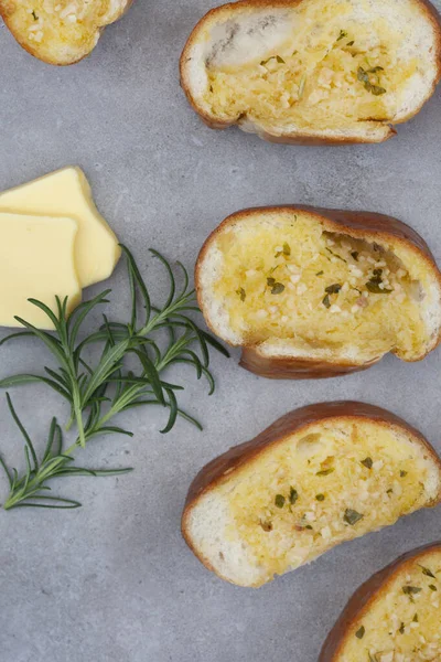 Freshly Baked Garlic Bread Flat Lay Rustic Grey Surface Copy — Stok fotoğraf