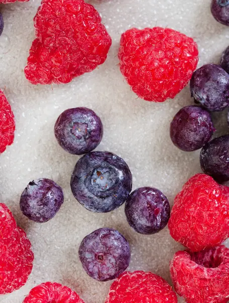 Frozen Blueberries Raspberries Scattered Light Grey Copy Space — Stock Photo, Image