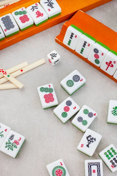 Clássico Mahjong Jogo Tabuleiro Azulejos Jogar Favorito Chinês Antigo — Fotografia de Stock