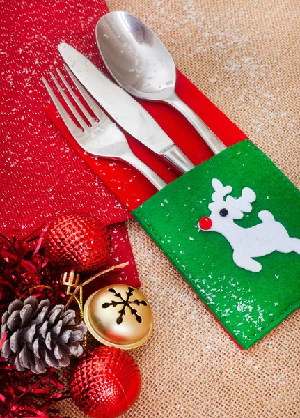 Christmas Flat Lay Red Serviettes Playful Reindeer Cutlery Setting Rustic — Stock Photo, Image