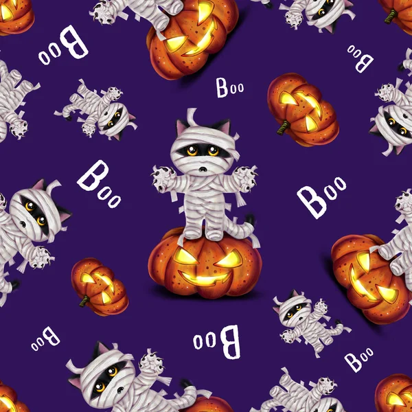 Großes Nahtloses Muster Zum Thema Halloween Mit Schwarzen Katzen Mumien — Stockfoto