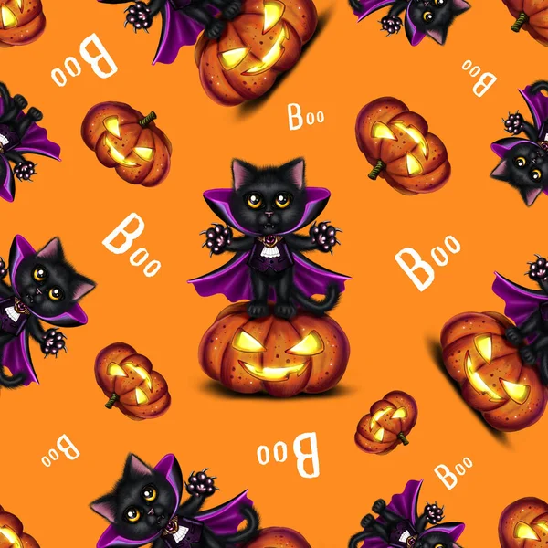 Großes Nahtloses Muster Zum Thema Halloween Mit Schwarzen Katzen Dracula — Stockfoto