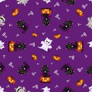 Cadılar Bayramı temasında küçük pürüzsüz desenler var. Kara kediler, Dracula, mumyalar ve hayaletler, balkabakları Jack-o '-fenerler ve mor arka plandaki Boo yazıları.