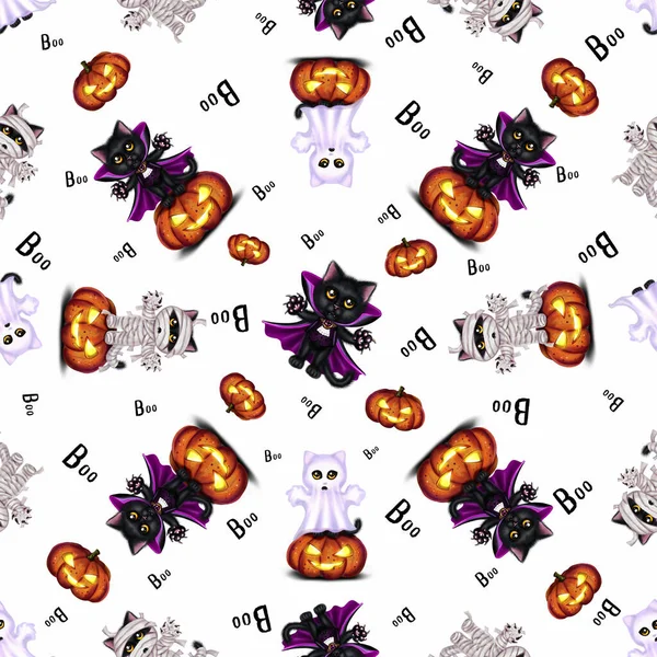 Kleines Nahtloses Muster Zum Thema Halloween Mit Schwarzen Katzen Dracula — Stockfoto
