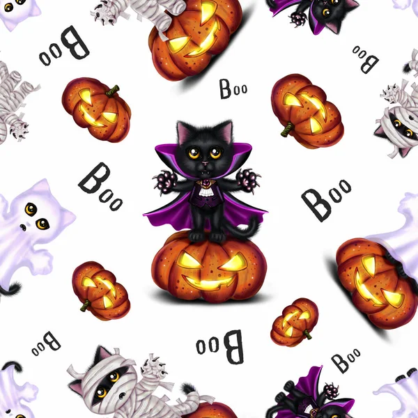 Large Seamless Pattern Theme Halloween Black Cats Dracula Mummies Ghosts — Stock Photo, Image