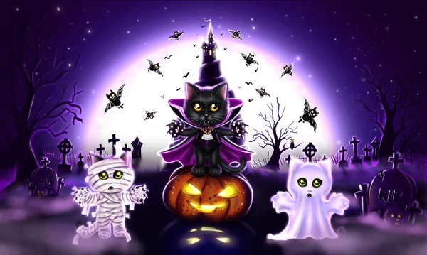 Halloween Illustration Black Cat Dracula Standing Jack Lantern Pumpkin Center — Stock Photo, Image