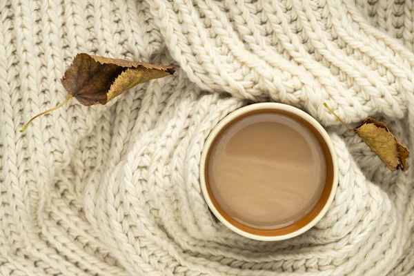 Cup of autumn coffee, tea or hot chocolate, fall leaves on a warm scarf. Drink for autumn cold rainy days. Sunday relaxing, Hygge, still life concept. Flat lay, top view, copy space