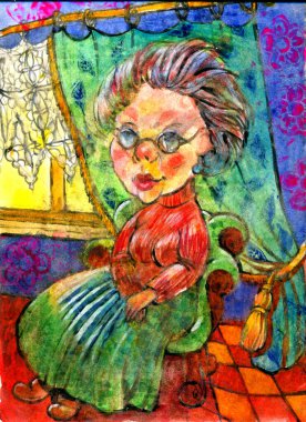 Bir büyükannenin portresi pencerenin kenarında oturan, suluboya boyayla boyanmış.