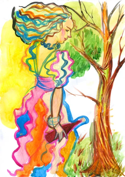 Portrait Beautiful Slender Beautiful Girl Multi Colored Long Dress Flounces — Stock Photo, Image