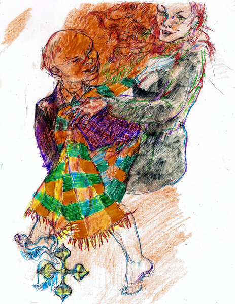 Portrait of a couple in love of a joyful man and woman, which he holds in his arms, drawn with felt-tip pens