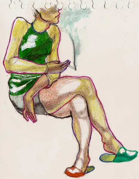 Portret Smukłego Młodzieńca Shircie Szorty Papierosem Ręku Narysowane Kolorowymi Ołówkami — Zdjęcie stockowe