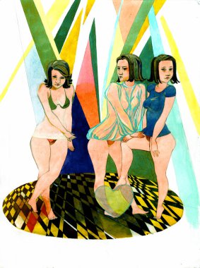 Benzer üç kızın portresi, renkli bir arka planda kısa saçlı ikiz kız kardeşler ve suluboya bir kafesin içinde yuvarlak bir zemin.