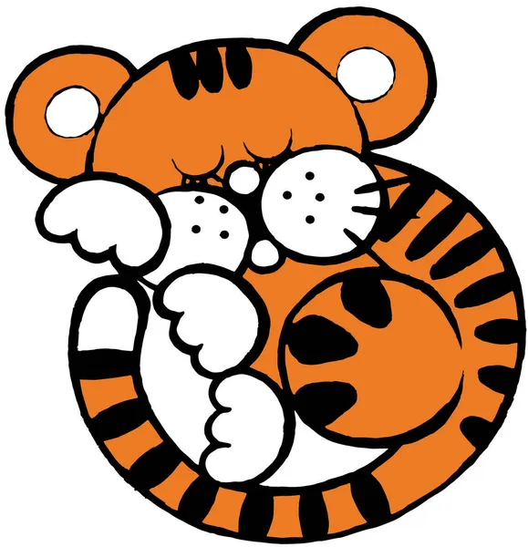 Vektör beyaz pençeli bir topun içine kıvrılmış uyuyan sevimli bir kaplan yavrusu çiziyor.