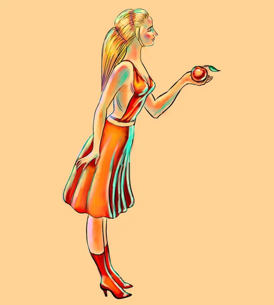 Cgi Портрет Стрункої Красивої Дівчини Довгим Світлим Волоссям Червоній Сукні — стокове фото