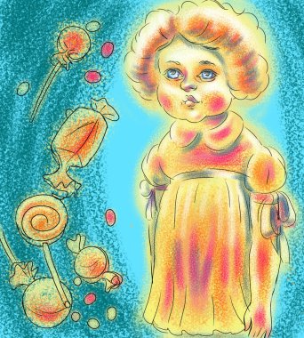 Portrait of a nice young beautiful clown girl in yollow dress with candys in a blu bakground, digital clipart