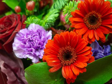 Farklı çiçeklerden bir buket. Yakın plan. Güzel çiçekler. Çiçekçi