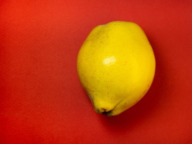 Juicy quince. Fruit on a red background. Ripe useful product. Preparing for lunch