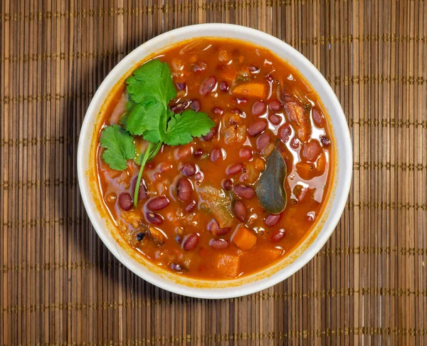 Uma Tigela Sopa Feijão Primeiro Prato Jantar Sopa Tomate Com Imagem De Stock