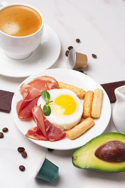 Desayuno Avena Leche Café Huevos Fritos — Foto de Stock