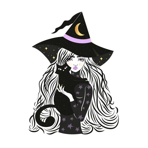 Aranyos boszorkány és macska kalapot visel csillagokkal és holddal. — Stock Vector