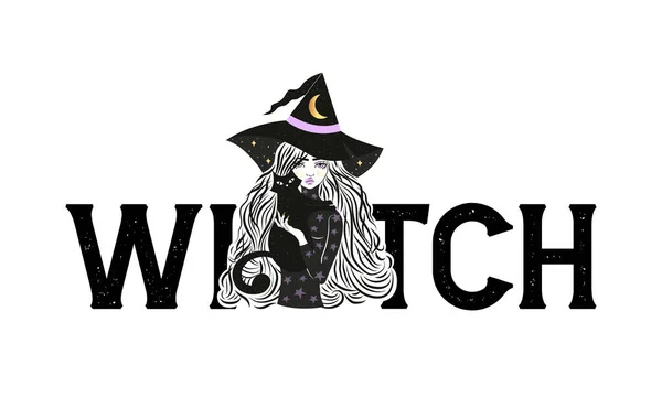 Милая ведьма и кошка в шляпе со звездами и луной. Векторная иллюстрация. Лозунг ведьм. — стоковый вектор