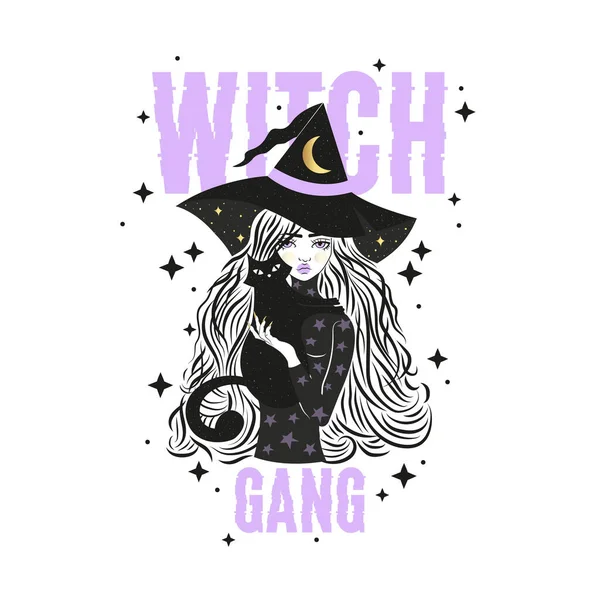 Jolie sorcière et chat portant un chapeau avec des étoiles et la lune. Illustration vectorielle. slogan gang sorcière. — Image vectorielle
